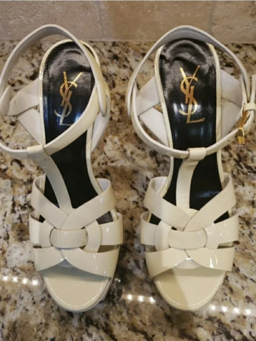 Saint Laurent YSL Tribute Ivory Patent Leather Platform T-Strap Sandals - Picture 2 of 8